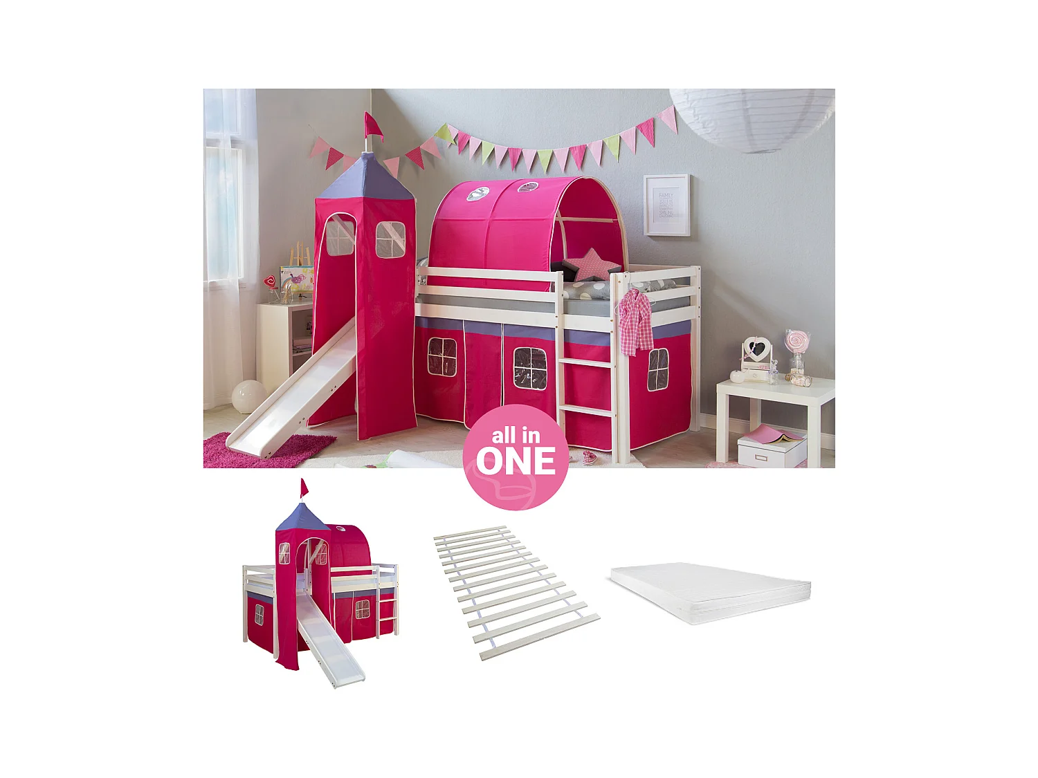 Hochbett 90x200 cm Rosa