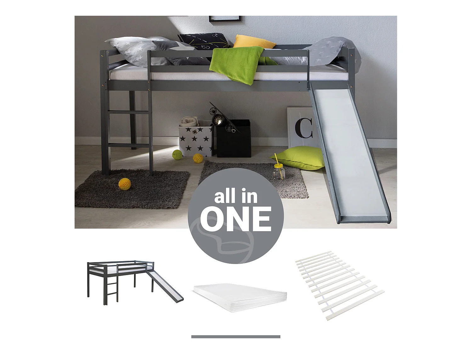 Lit mezzanine 90x200 cm gris