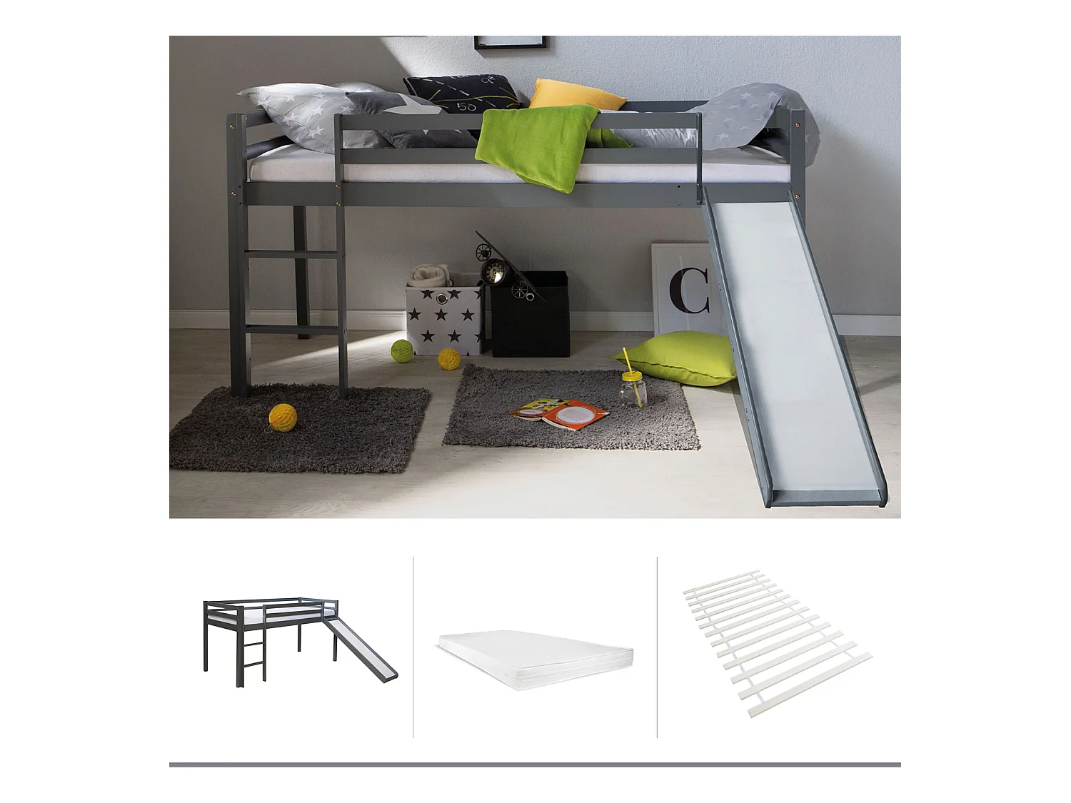 Lit mezzanine 90x200 cm gris