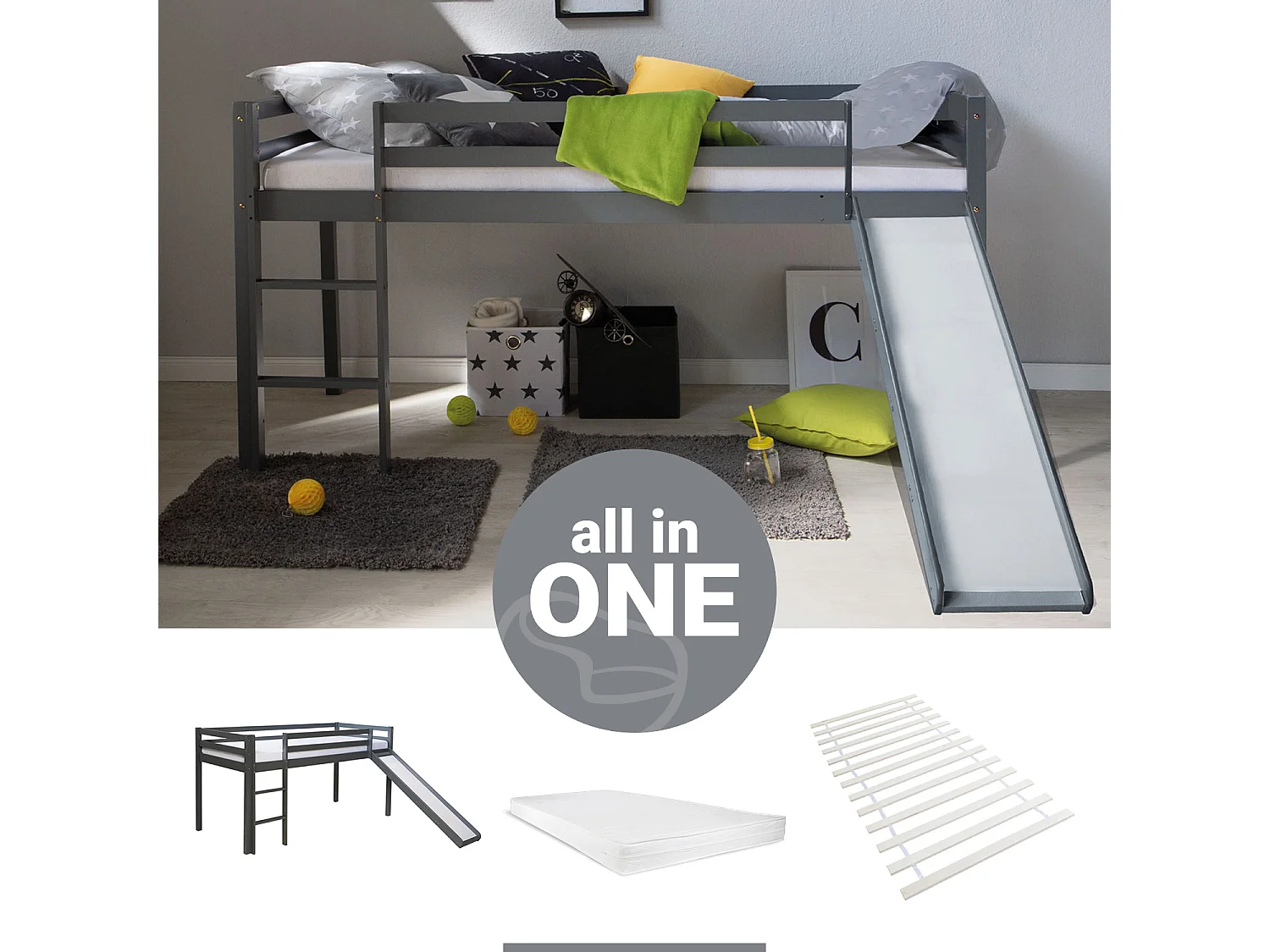 Lit mezzanine 90x200 cm gris