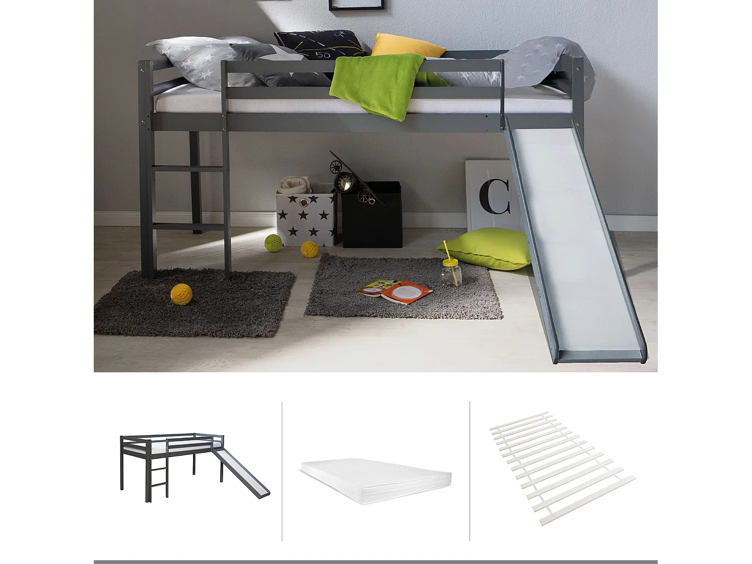 Lit mezzanine 90x200 cm gris