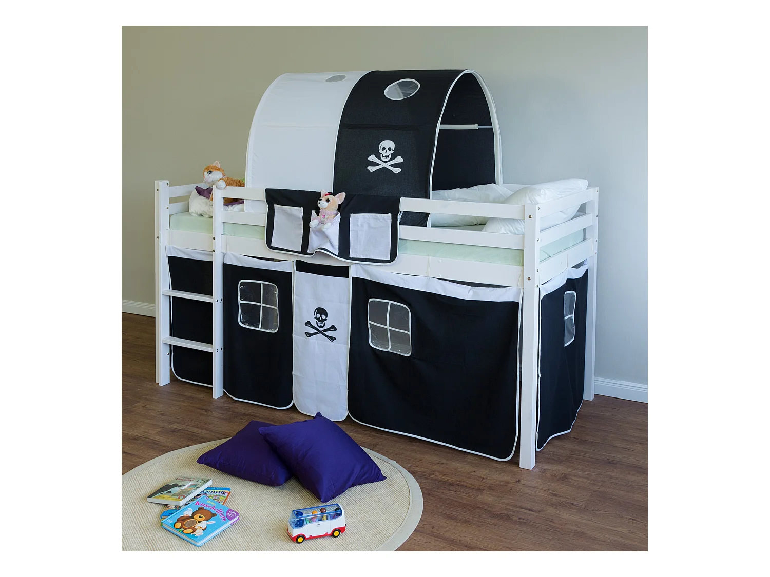 Kinderbett 90x200 cm schwarz Piraten-Hochbett