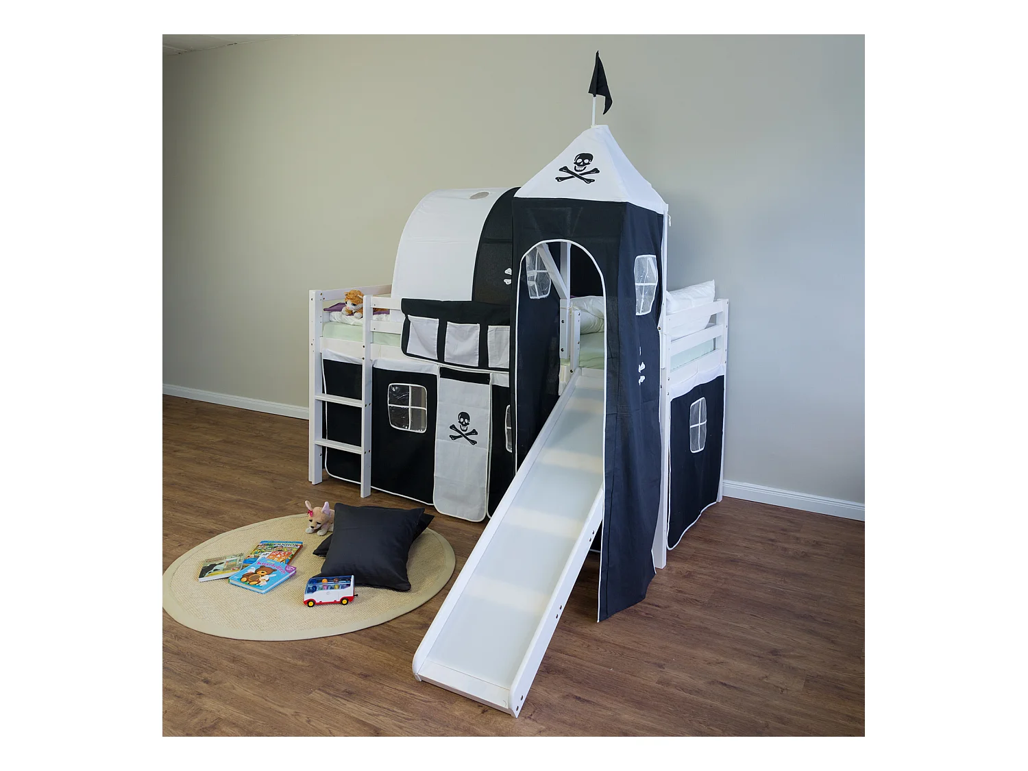 Lit mezzanine 207x150x97 cm blanc noir pirate 1495