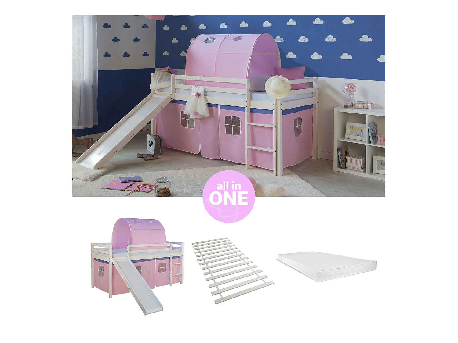 Hochbett 207,5x110x219,5 cm weiß rosa