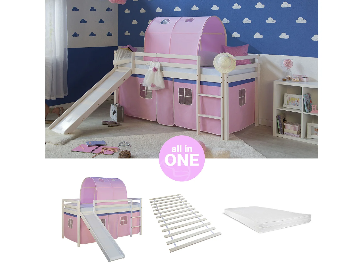 Hochbett 207,5x110x219,5 cm weiß rosa