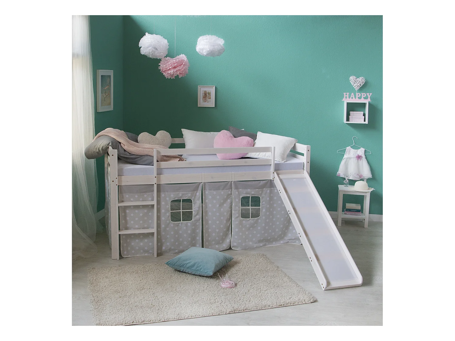 Lit enfant 90x200 cm étoiles blanches Pin massif avec toboggan