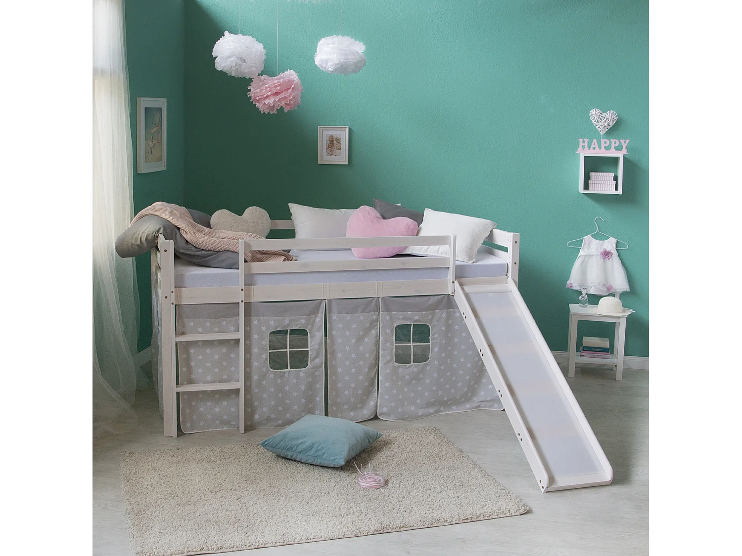 Lit enfant 90x200 cm étoiles blanches Pin massif avec toboggan