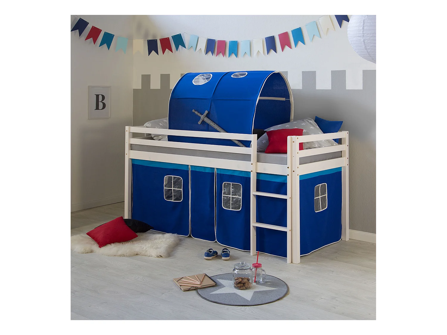 Hochbett 90x200 cm weiß blau