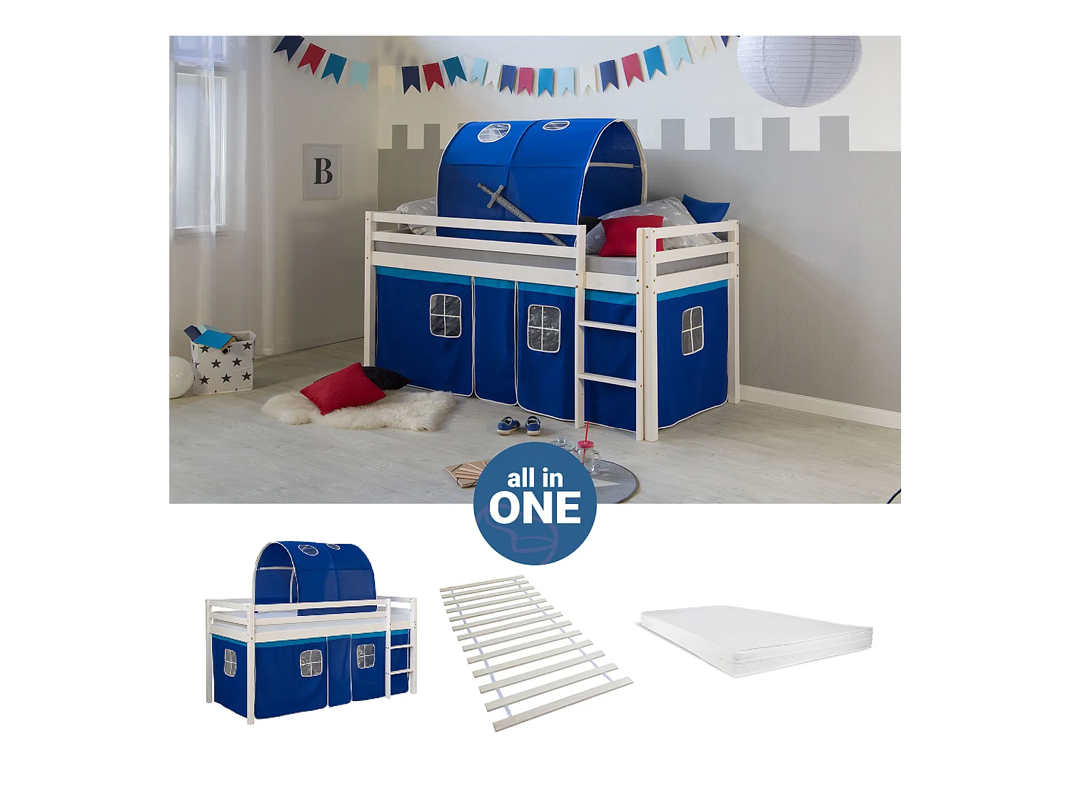Hochbett 90x200 cm weiß blau