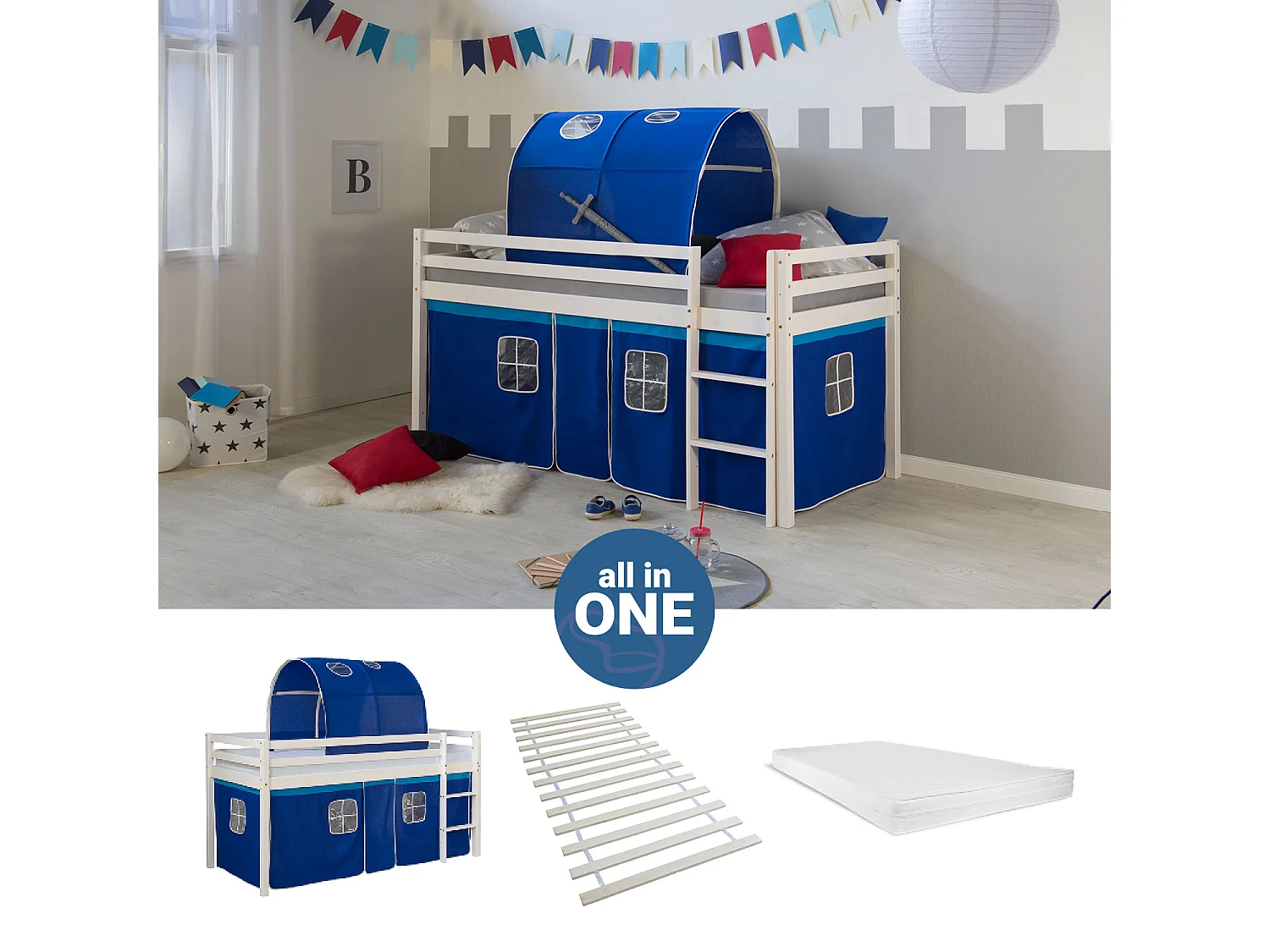 Hochbett 90x200 cm weiß blau