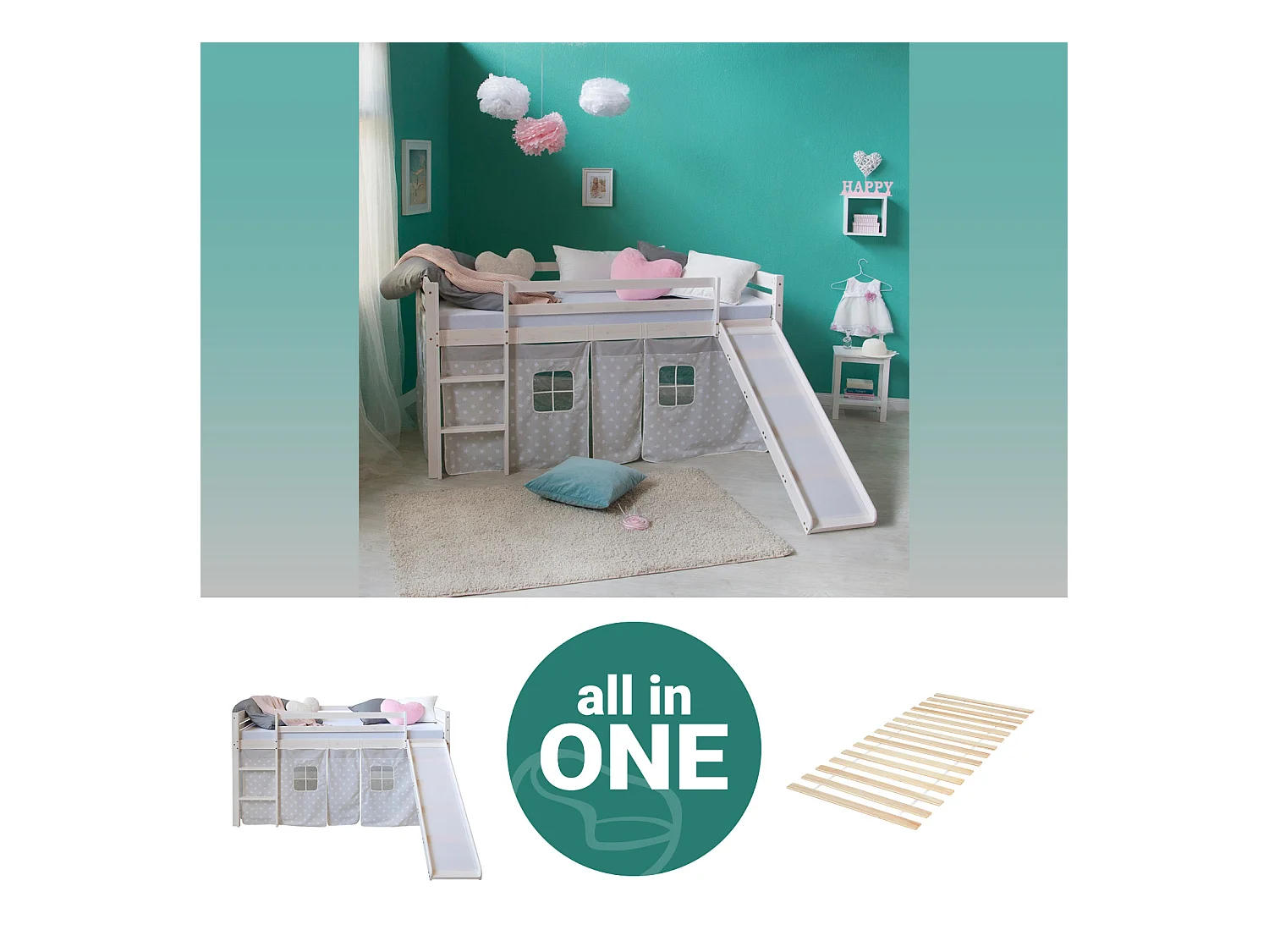 Hochbett 207,5x110x219,5 cm Weiß Grau