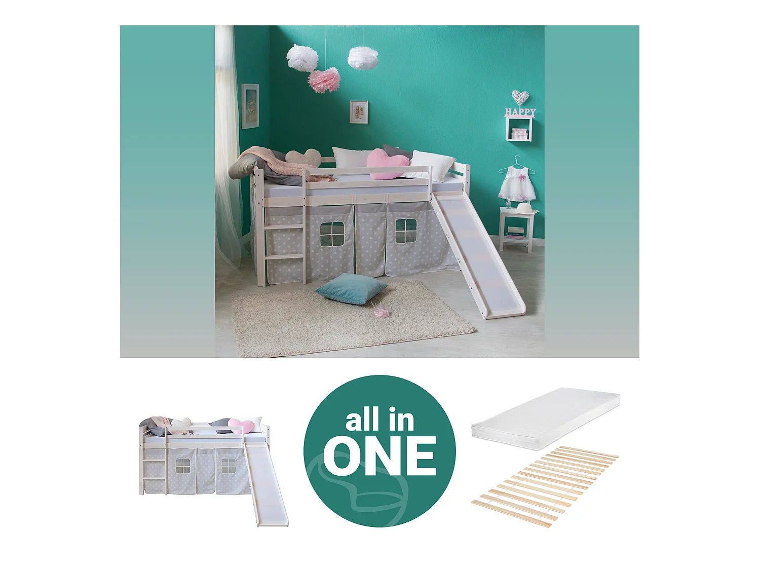 Hochbett 207,5x110x219,5 cm Weiß-grau Hochbett mit Rutsche