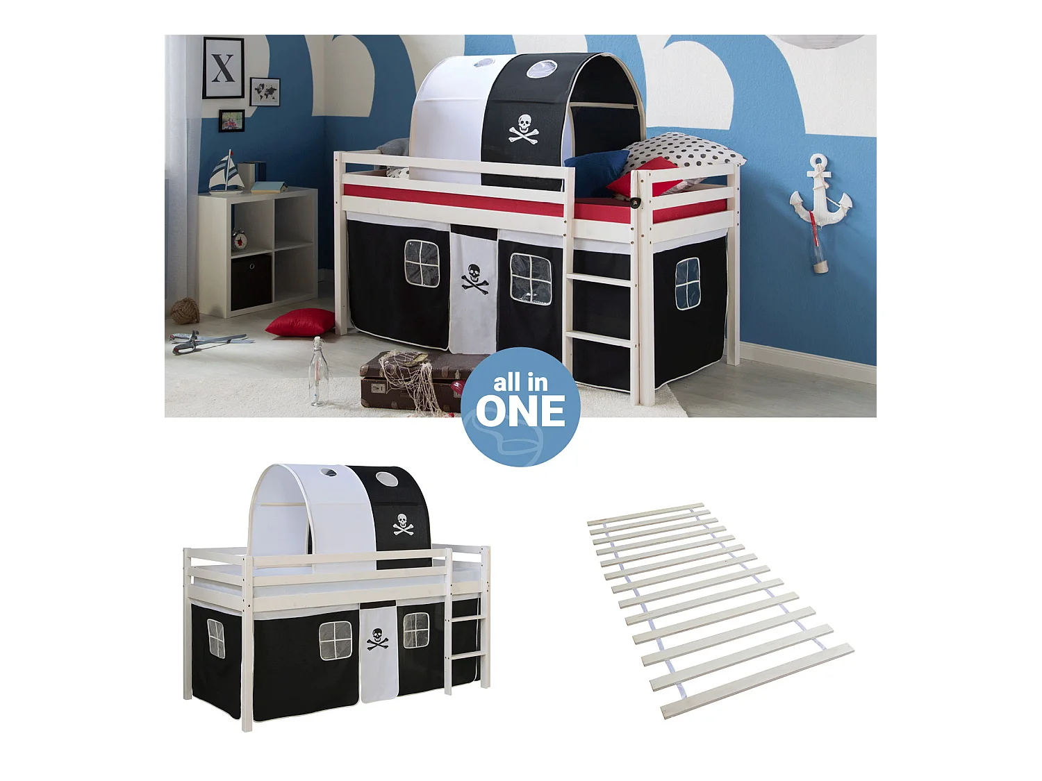 Hochbett 90x200 cm Schwarz Pirat Massives Kiefernholz