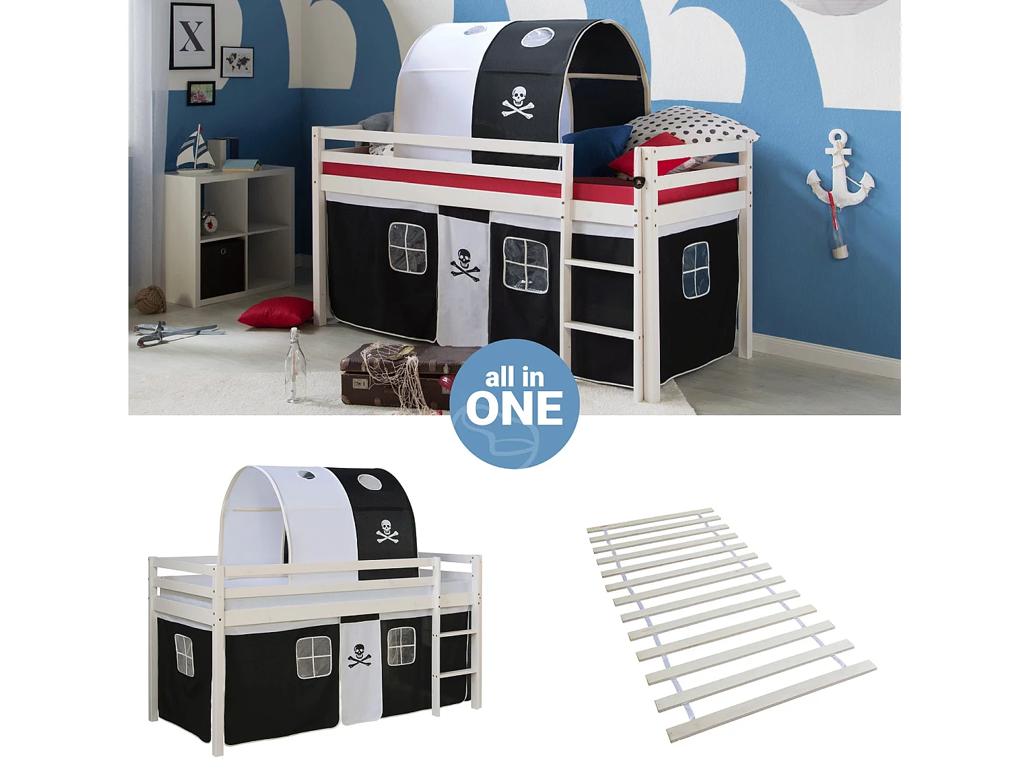 Letto a soppalco 90x200 cm Nero Pirata Legno massiccio di pino