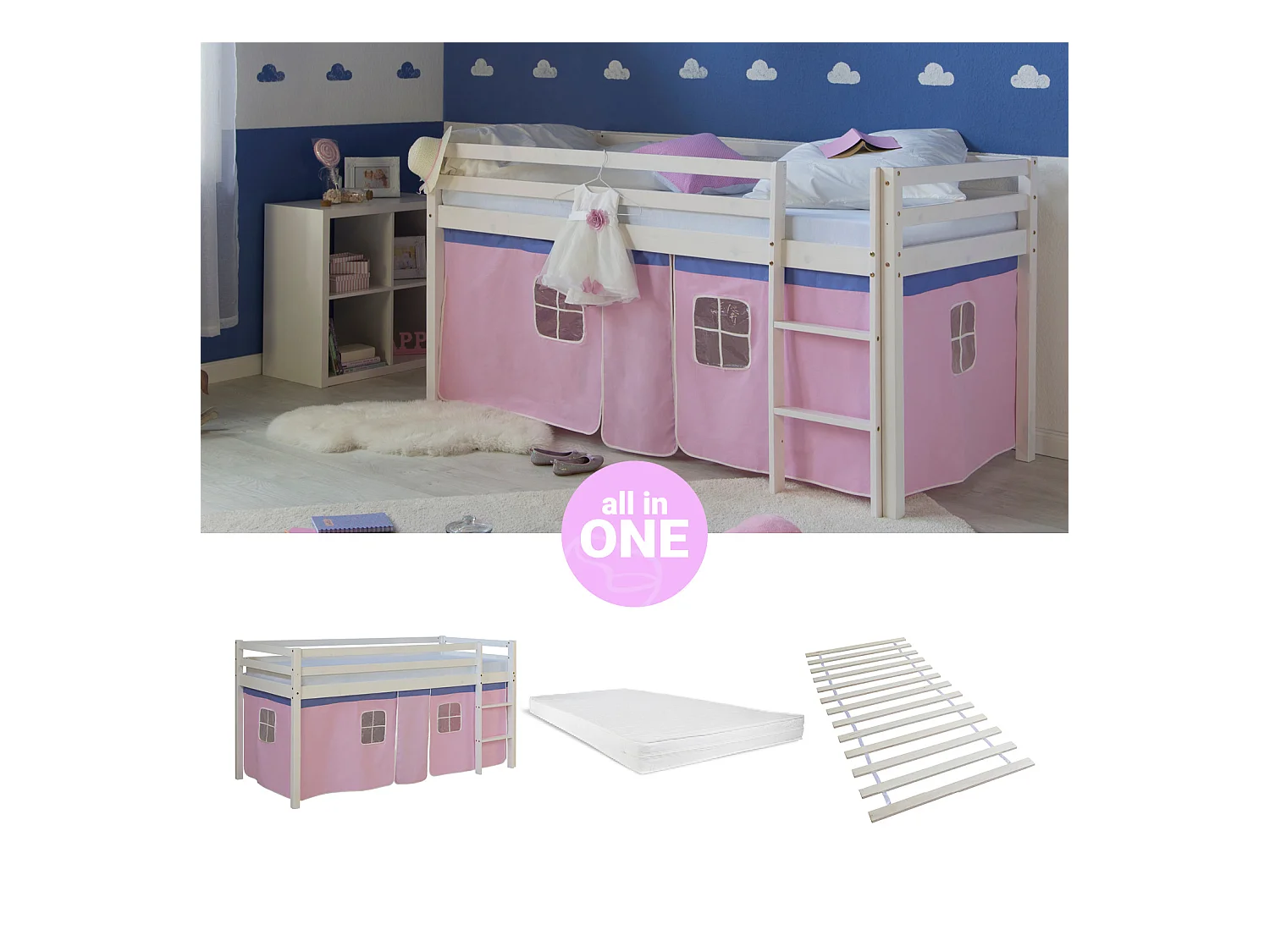 Hochbett 90x200 cm Rosa