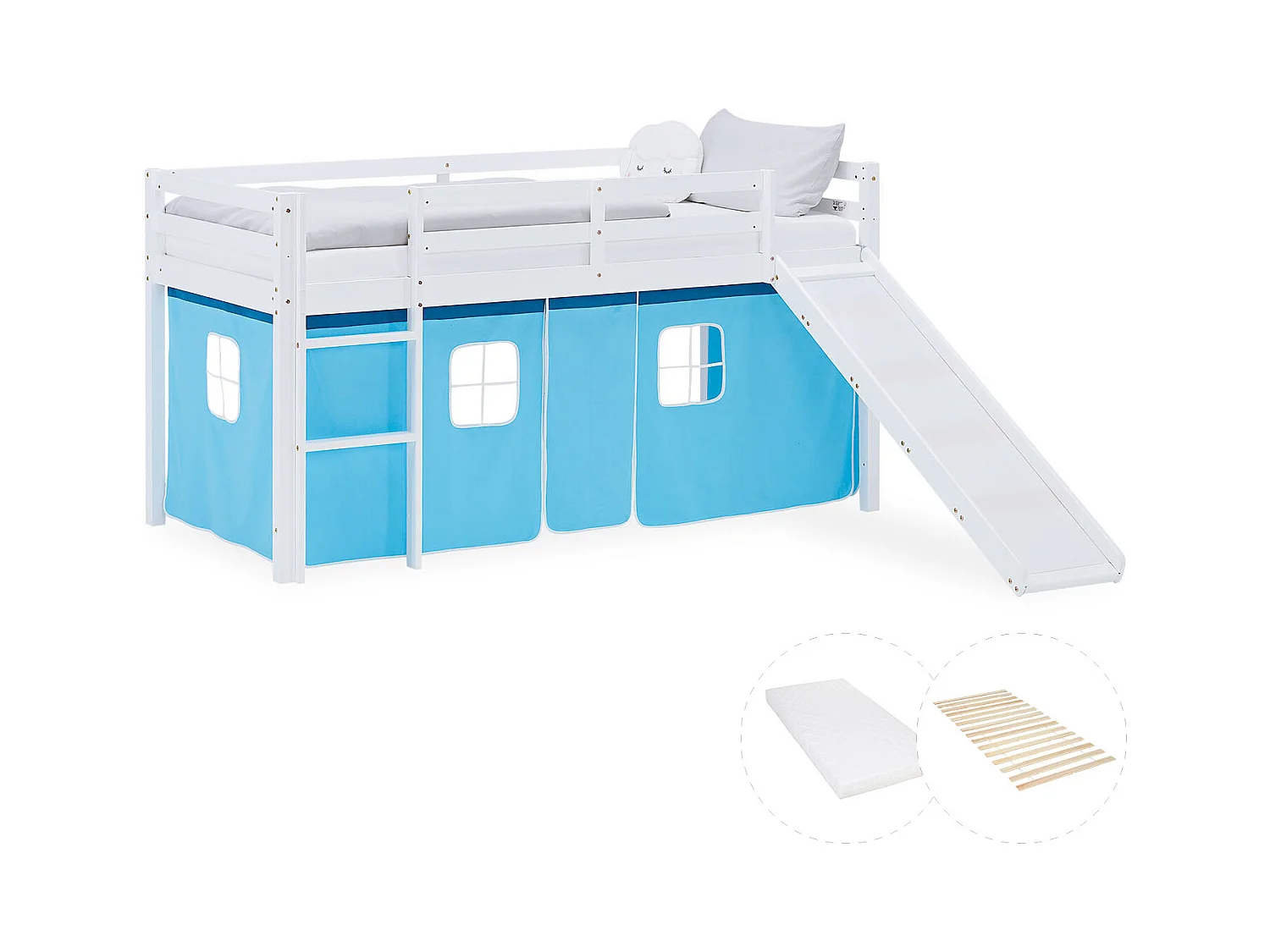 Hochbett für Kinder 90x200 cm Weiß mit blauem Vorhang