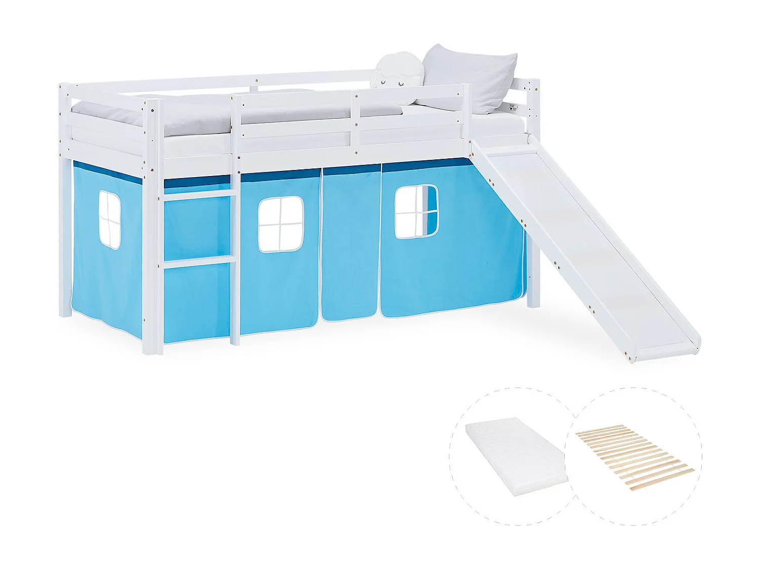 Hochbett für Kinder 90x200 cm Weiß mit blauem Vorhang