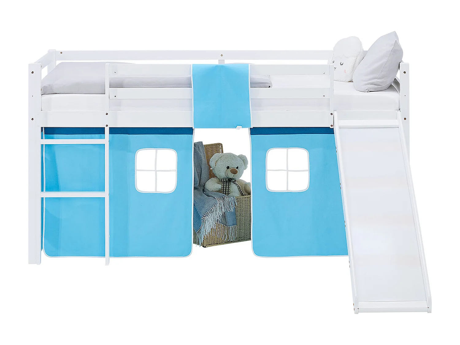 Hochbett für Kinder 90x200 cm Weiß mit blauem Vorhang
