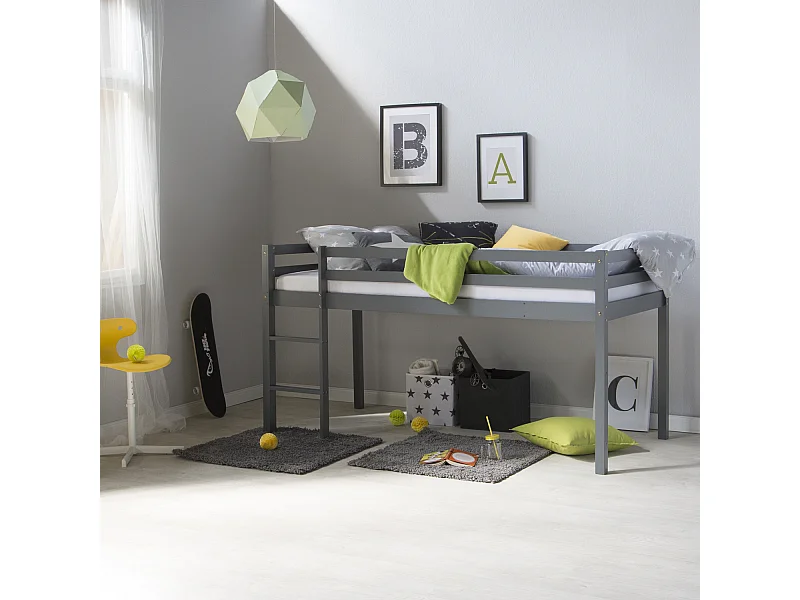 Hochbett 207x110x97 cm grau mit Matratze Lattenrost 90x200 cm Kinderbett Etagenbett