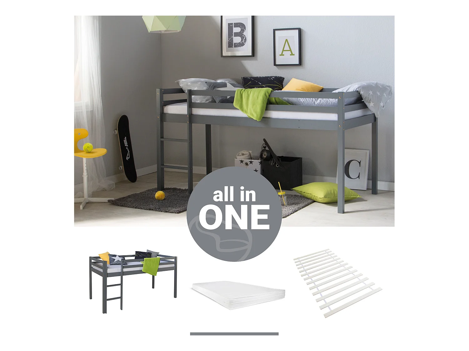 Hochbett 207x110x97 cm grau mit Matratze Lattenrost 90x200 cm Kinderbett Etagenbett