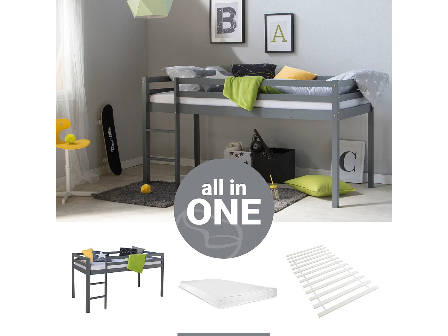 Lit mezzanine 207x110x97 cm gris avec matelas Cadre à lattes 90x200 cm Lit enfant Lit superposé