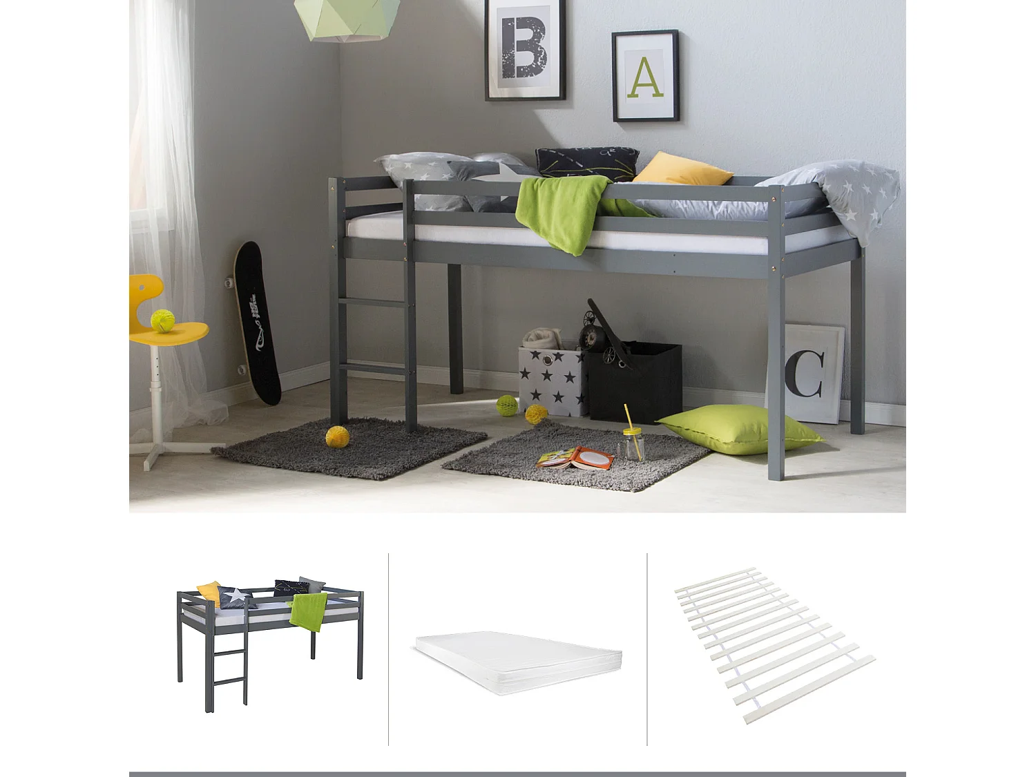 Lit mezzanine 207x110x97 cm gris avec matelas Cadre à lattes 90x200 cm Lit enfant Lit superposé