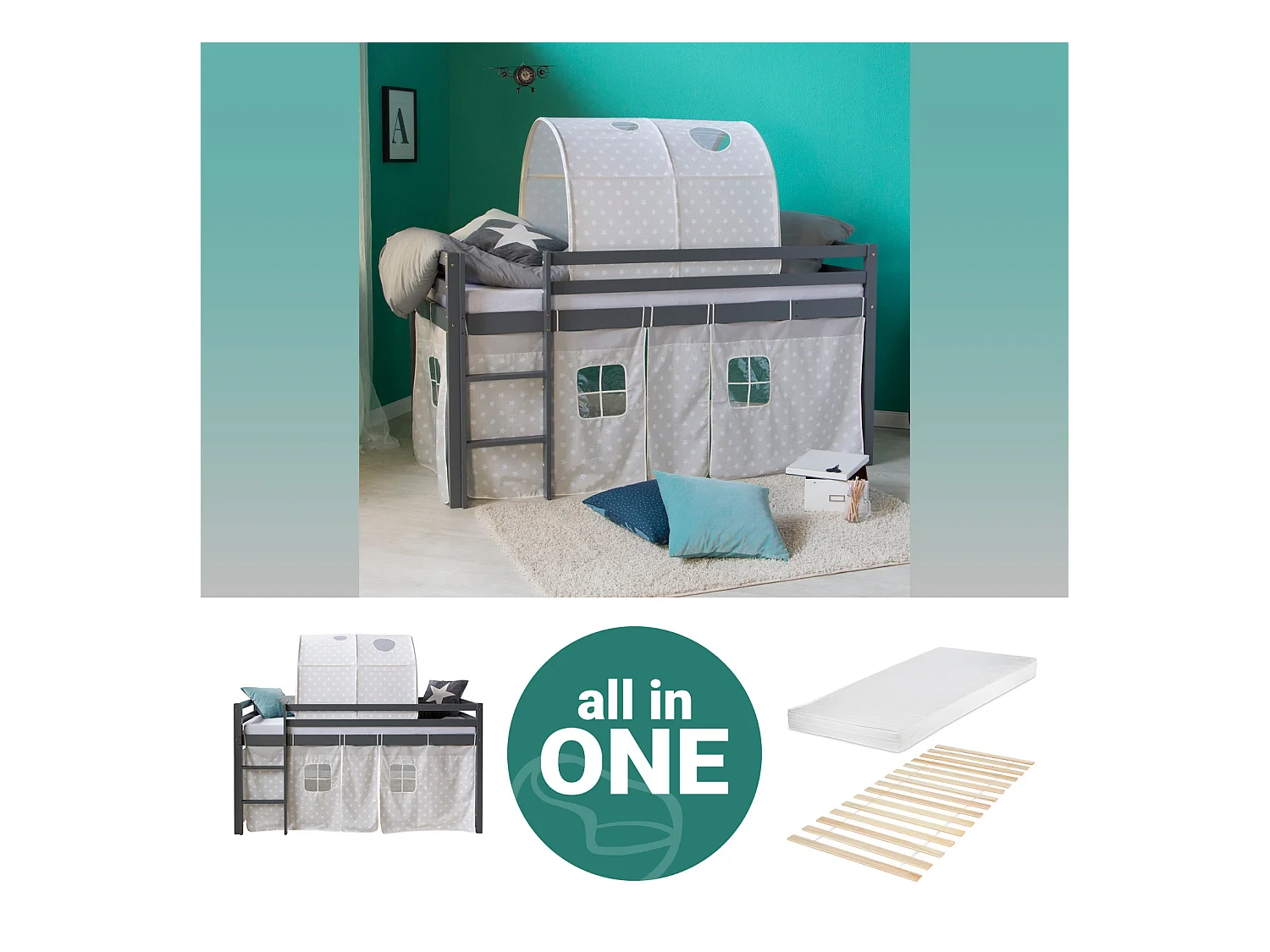 Hochbett 90x200 cm grau