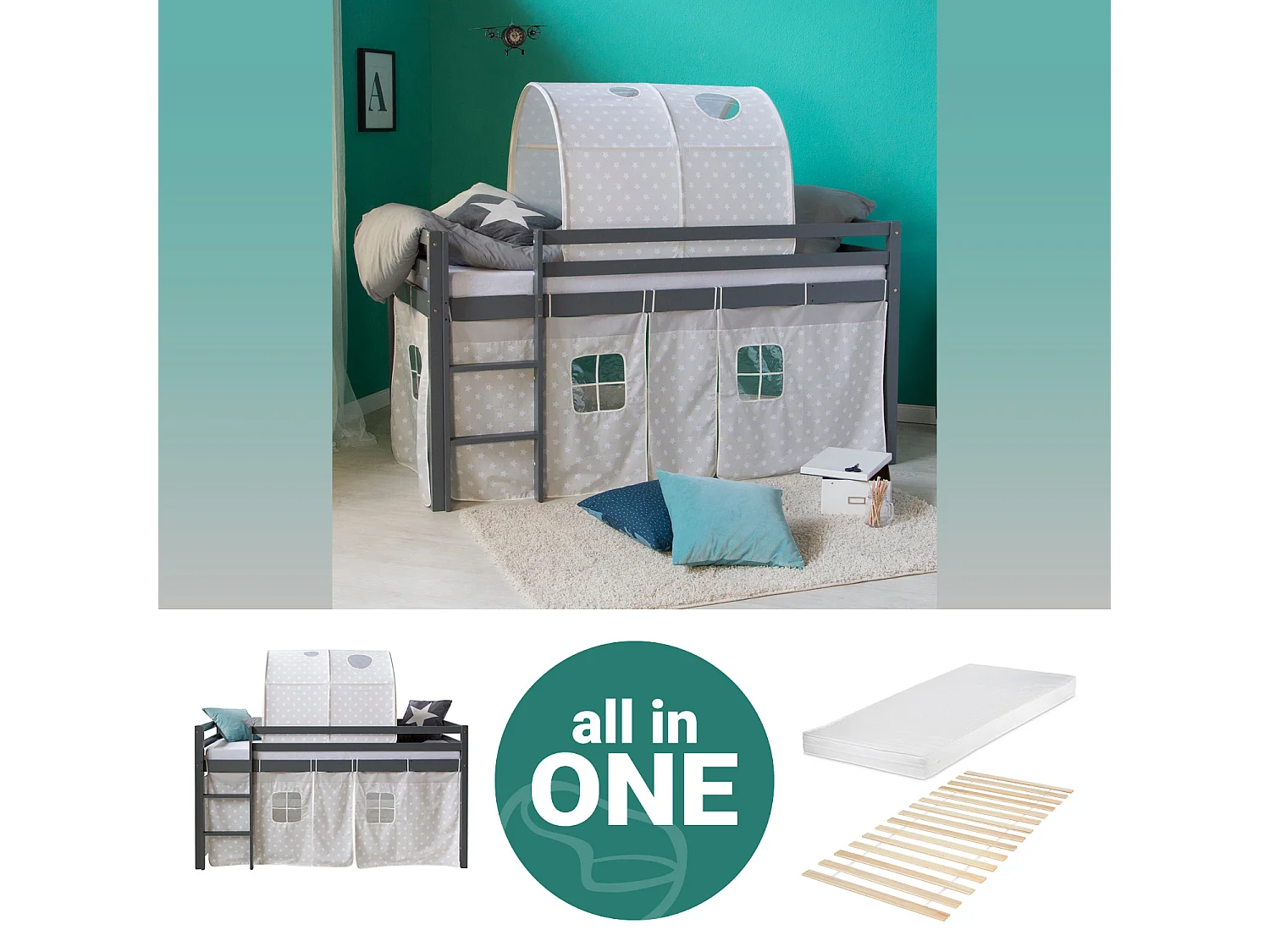 Lit mezzanine 90x200 cm gris