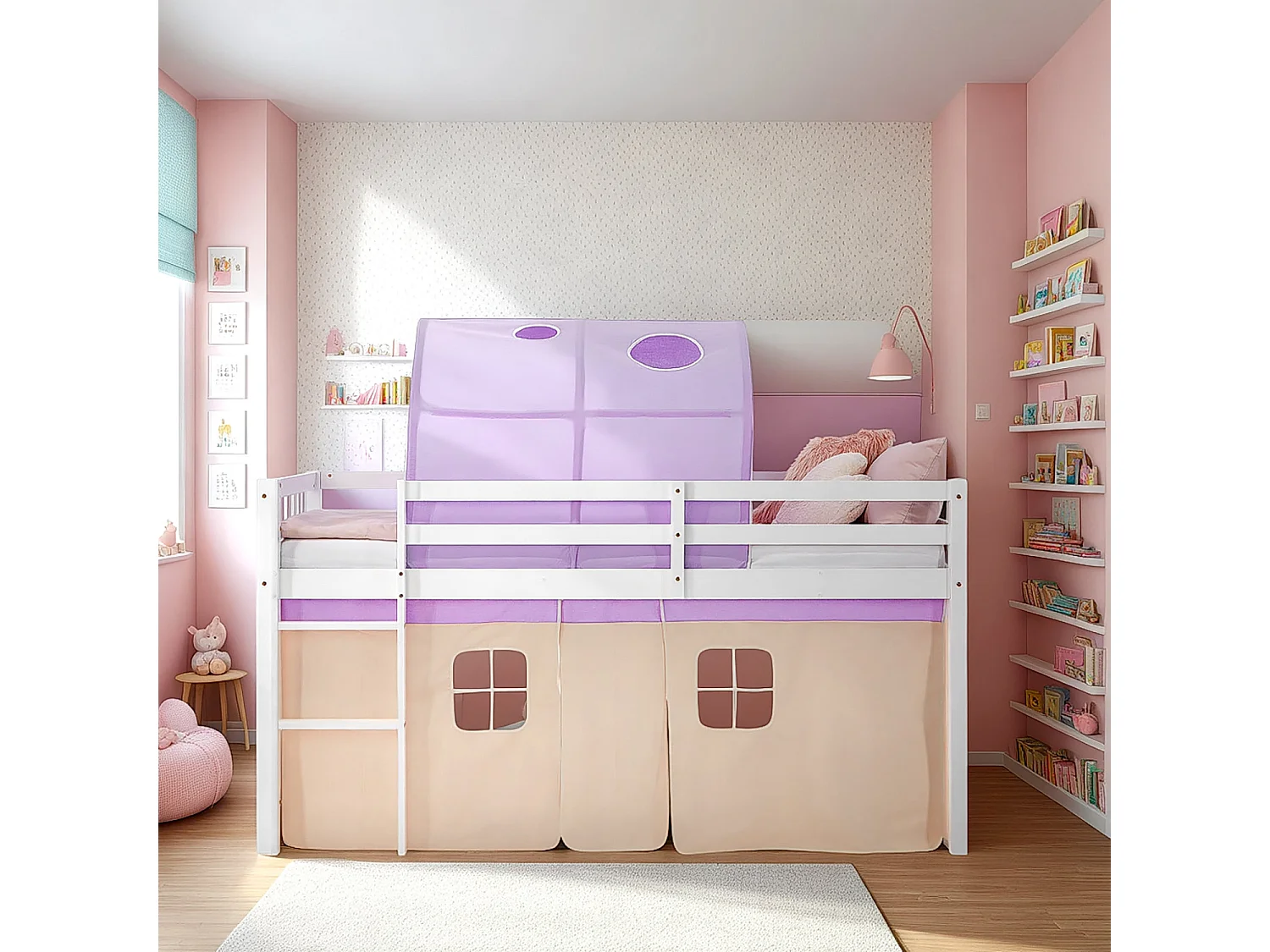 Hochbett 90x200 cm Lila Kinderbett mit Stauraum