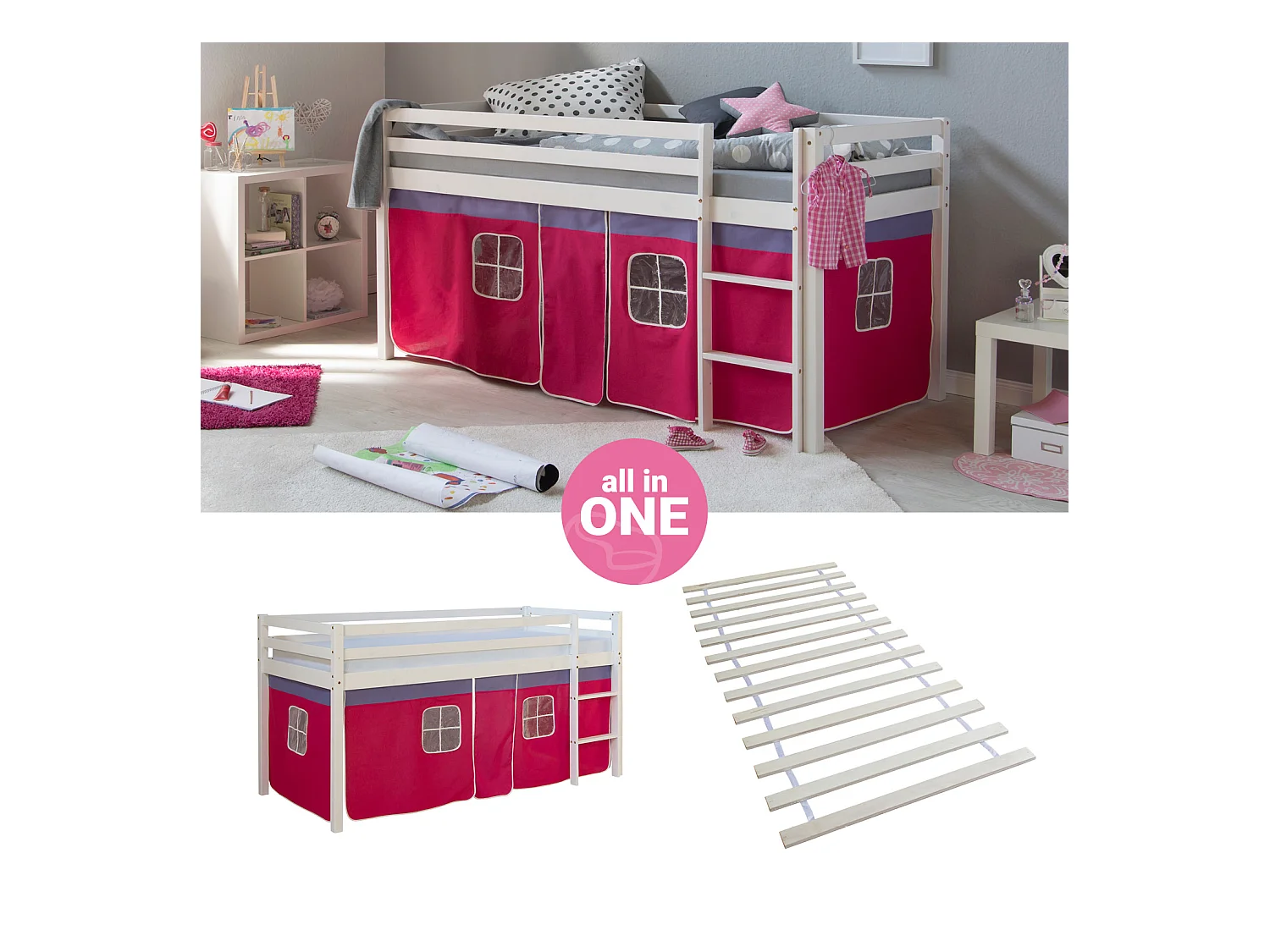 Hochbett 207,5x110x96,5 cm weiß rosa