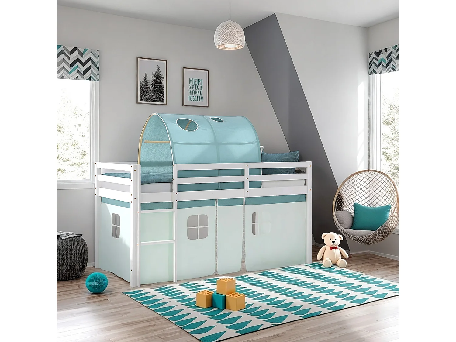 Hochbett 207,5x110x99,5 cm weiß grün