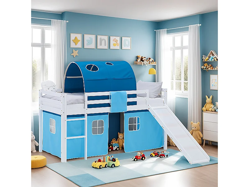 Hochbett für Kinder 90x200 cm Weiß Blau