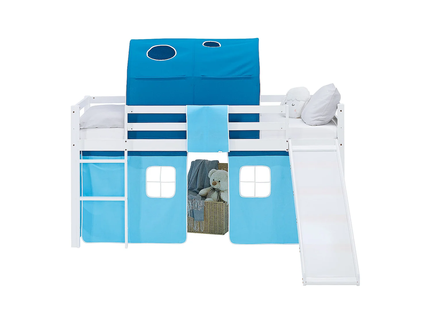 Hochbett für Kinder 90x200 cm Weiß Blau