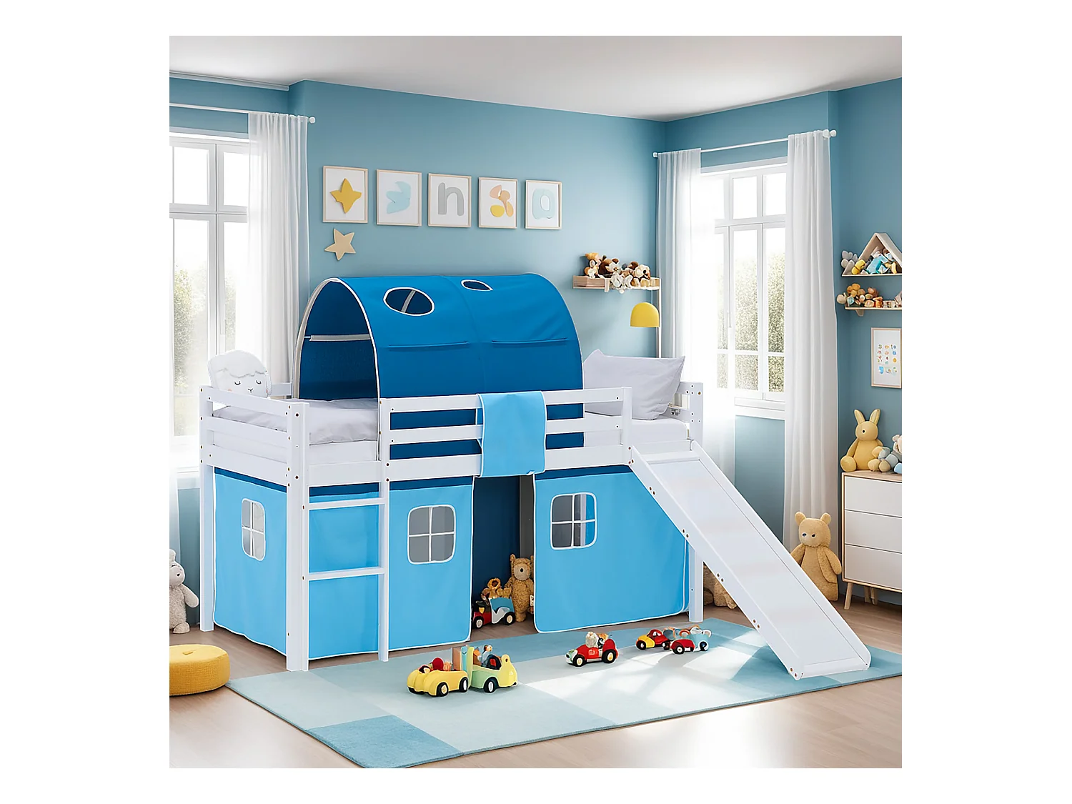 Lit Mezzanine pour Enfants 90x200 cm Blanc Bleu