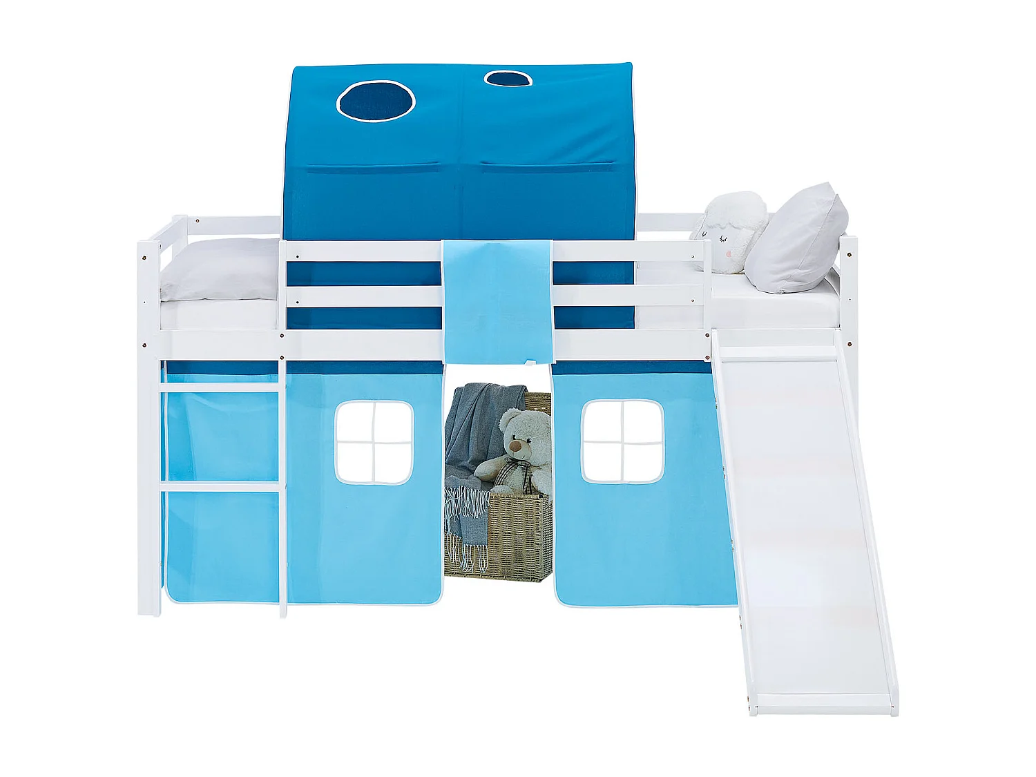 Hochbett für Kinder 90x200 cm Weiß Blau