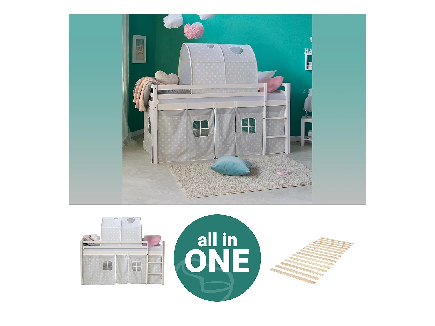 Hochbett 90x200 cm weiß grau