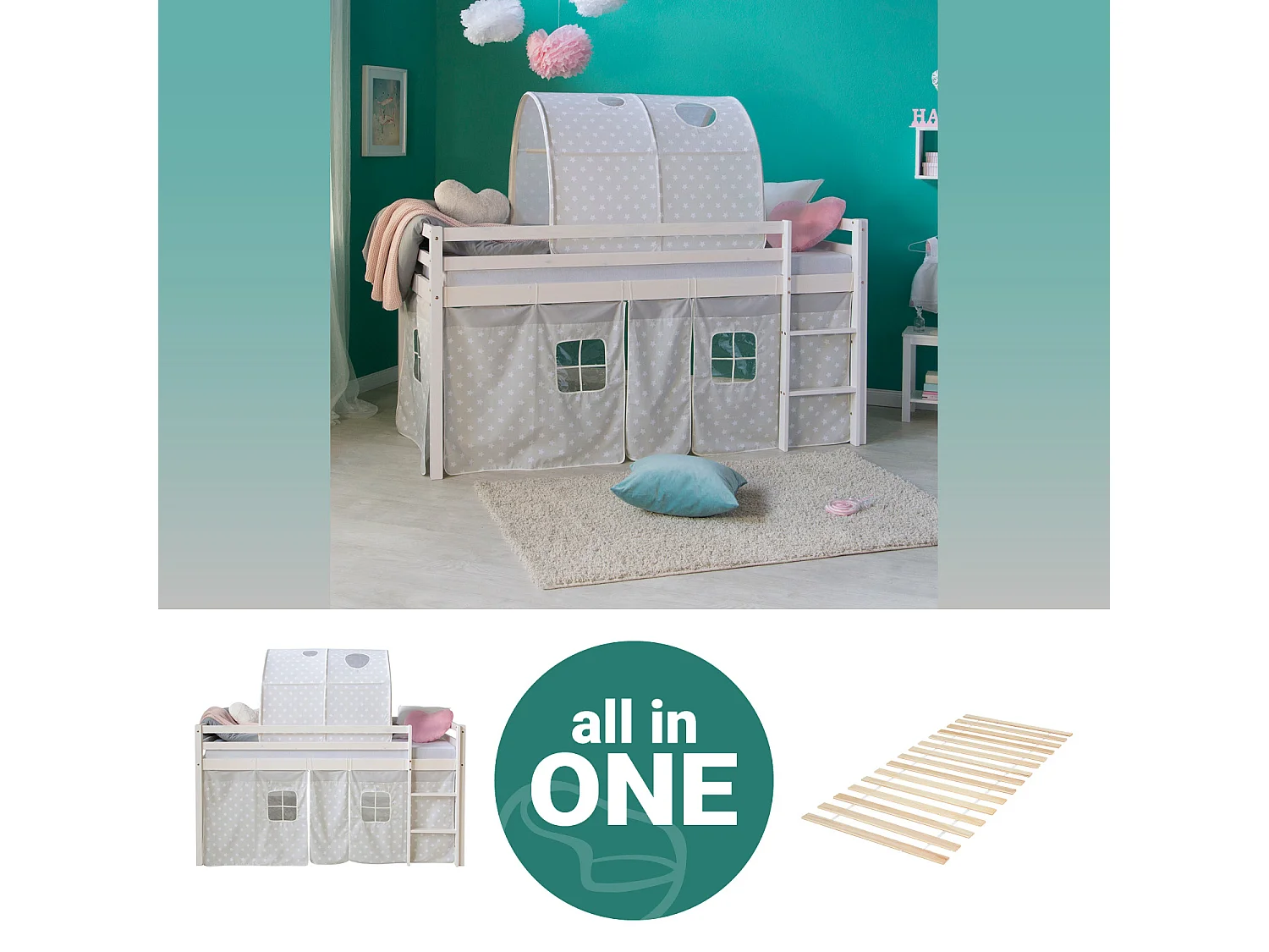 Łóżko piętrowe 90x200 cm białe szare