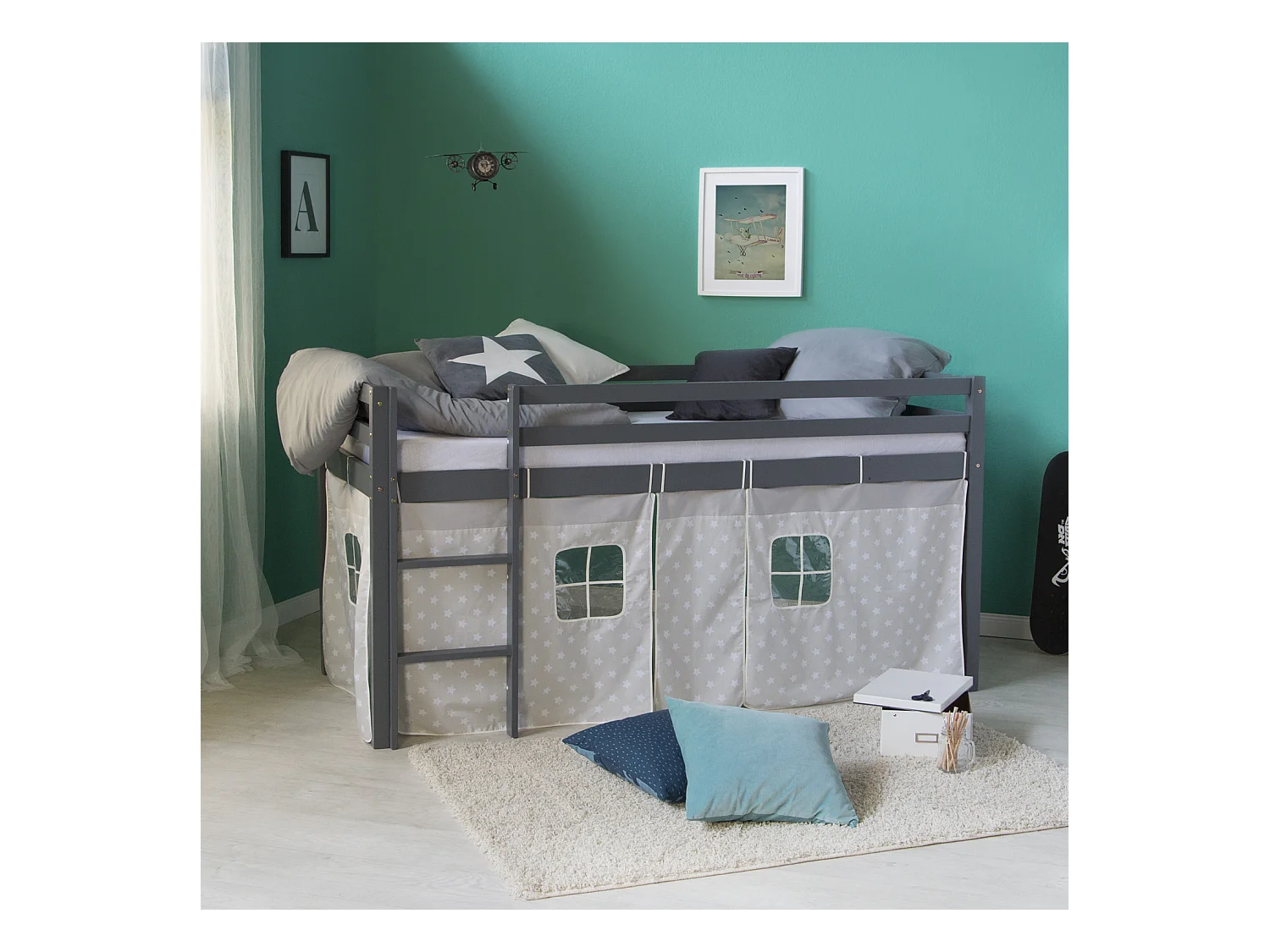 Hochbett 90x200 cm Grau Massives Kiefernholz Vorhang Sterne