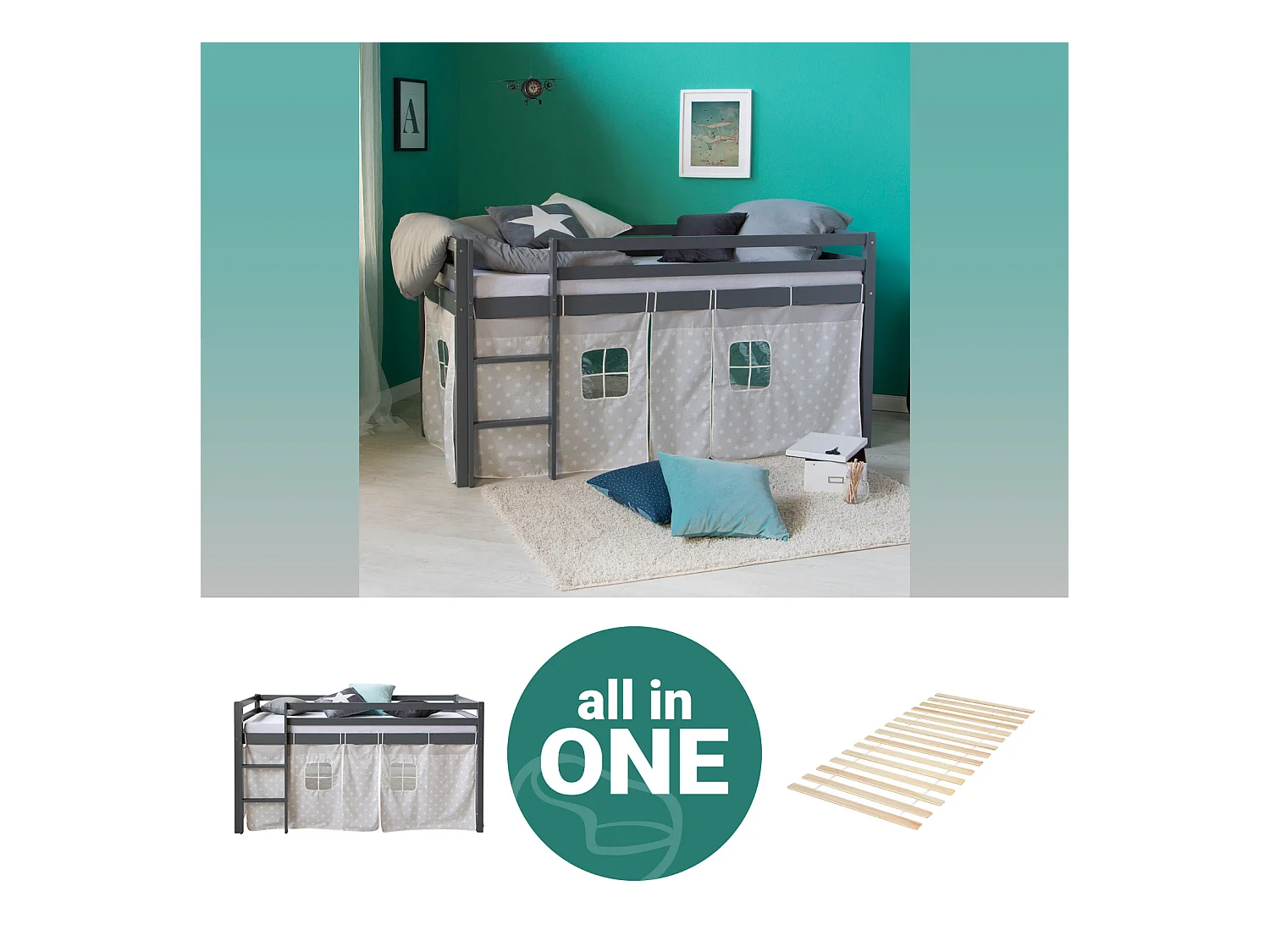 Hochbett 90x200 cm Grau Massives Kiefernholz Vorhang Sterne