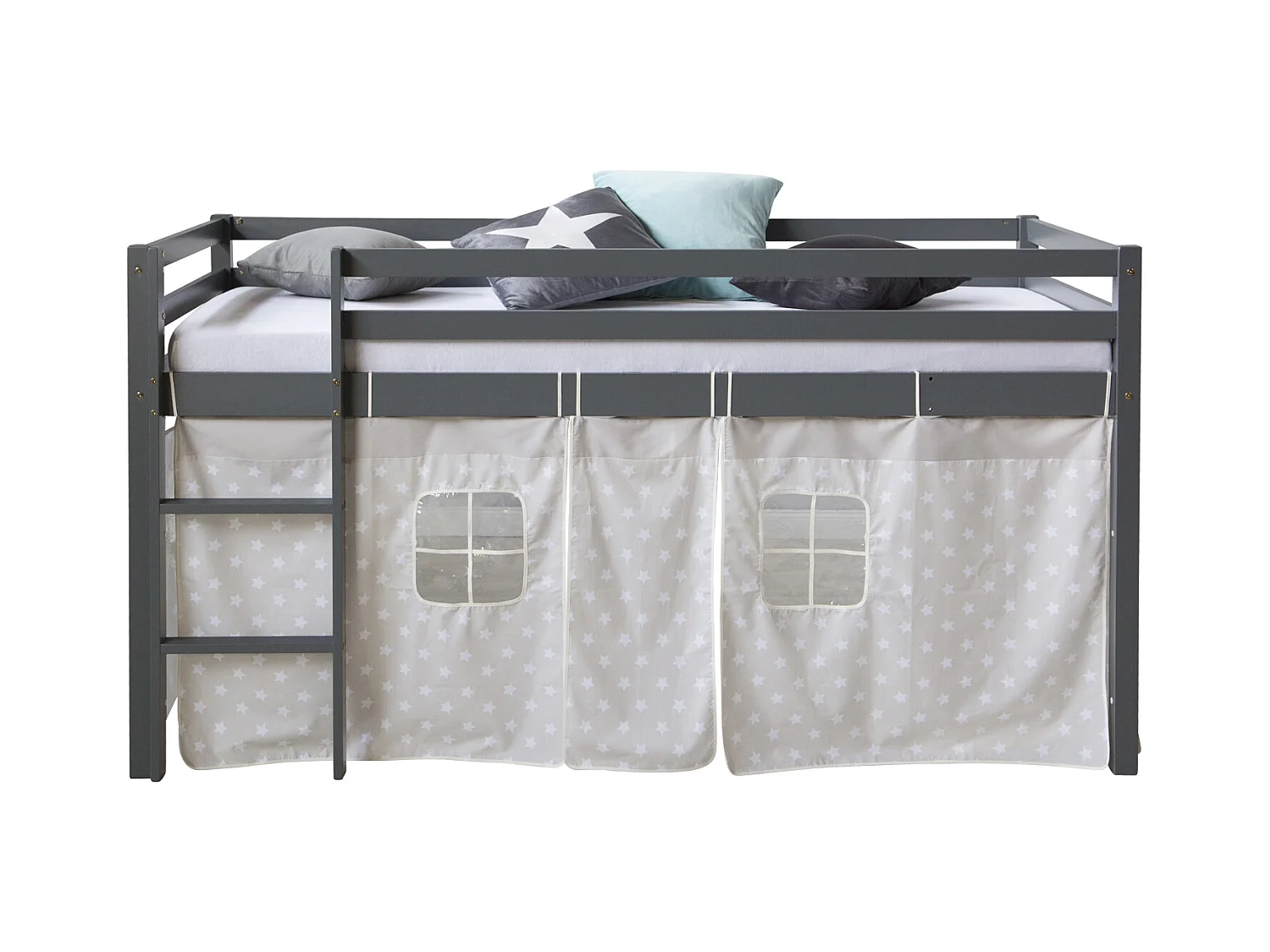 Hochbett 90x200 cm Grau Massives Kiefernholz Vorhang Sterne