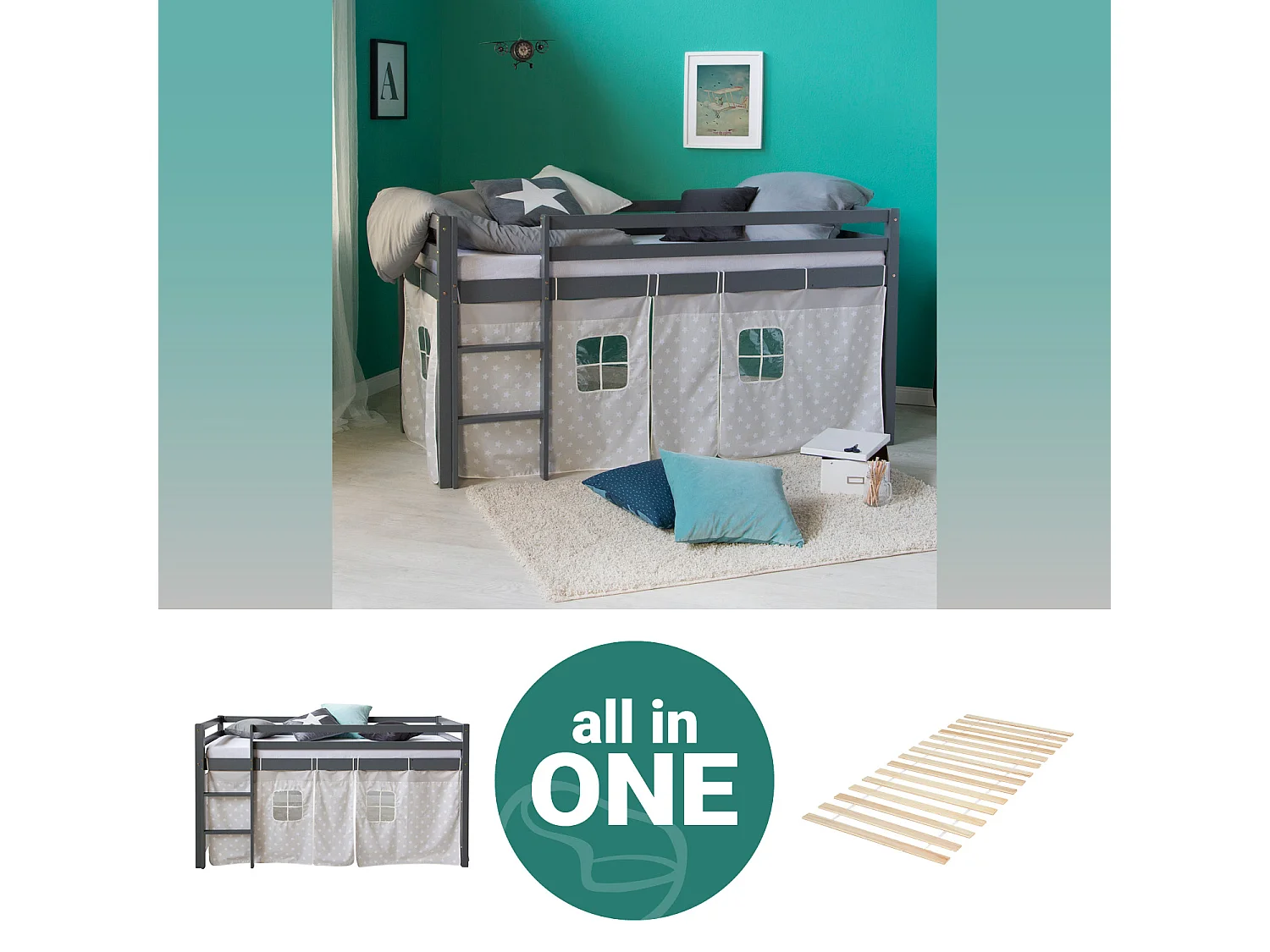 Lit mezzanine 90x200 cm Gris Bois de pin massif Rideau Étoiles