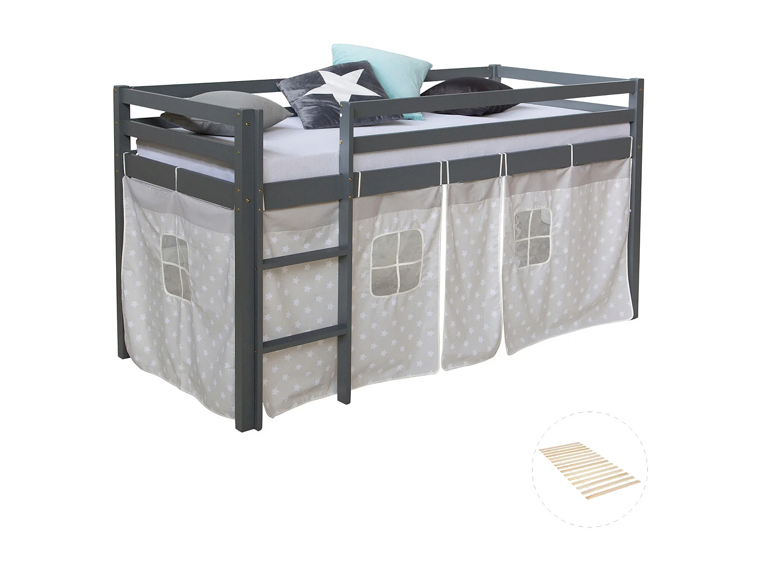 Lit mezzanine 90x200 cm Gris Bois de pin massif Rideau Étoiles