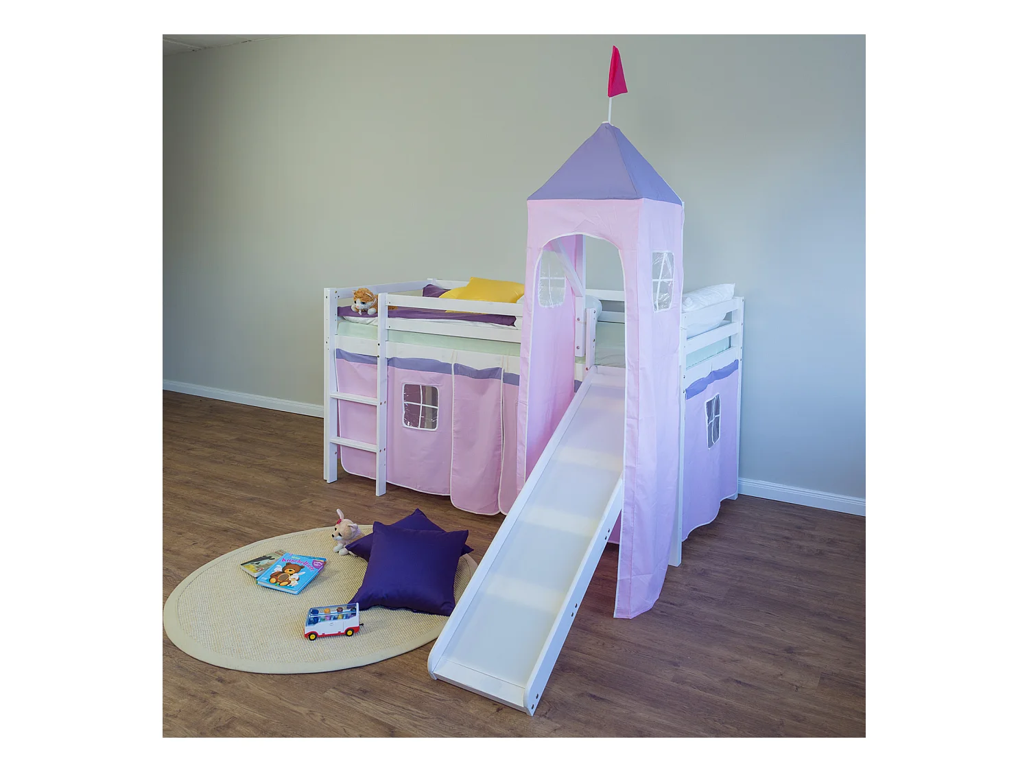 Hochbett 90x200 cm Rosa Massivholz Kiefer Vorhang