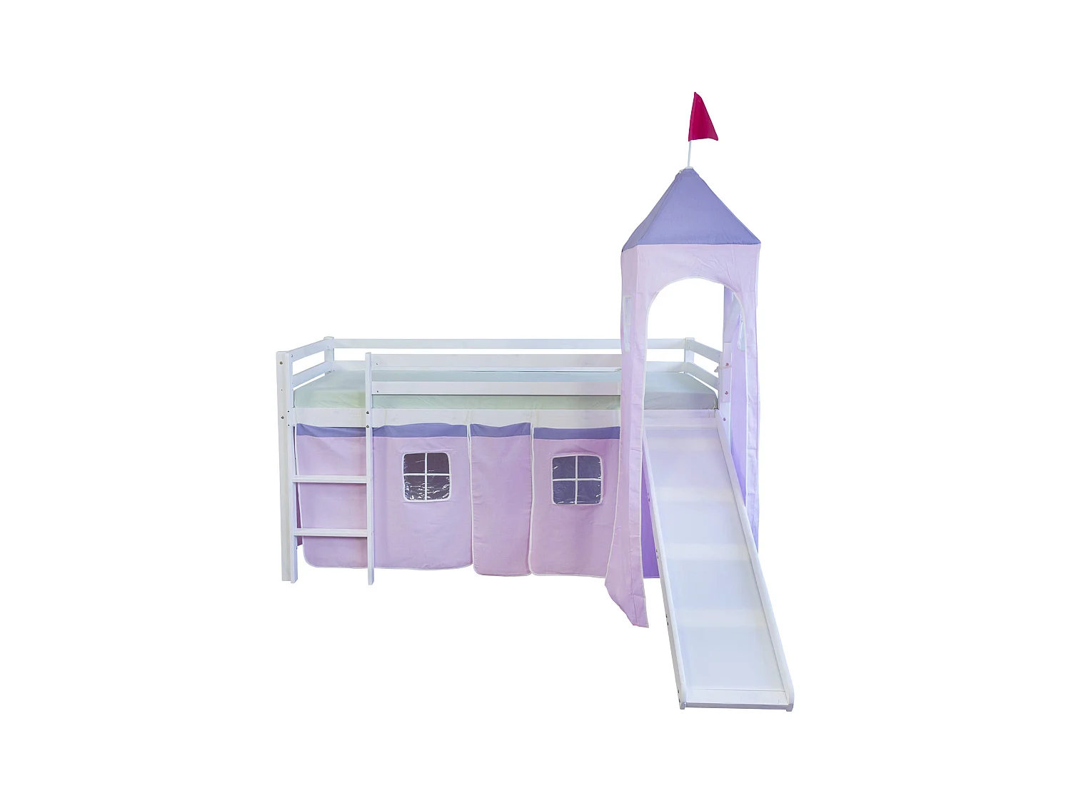 Hochbett 90x200 cm Rosa Massivholz Kiefer Vorhang