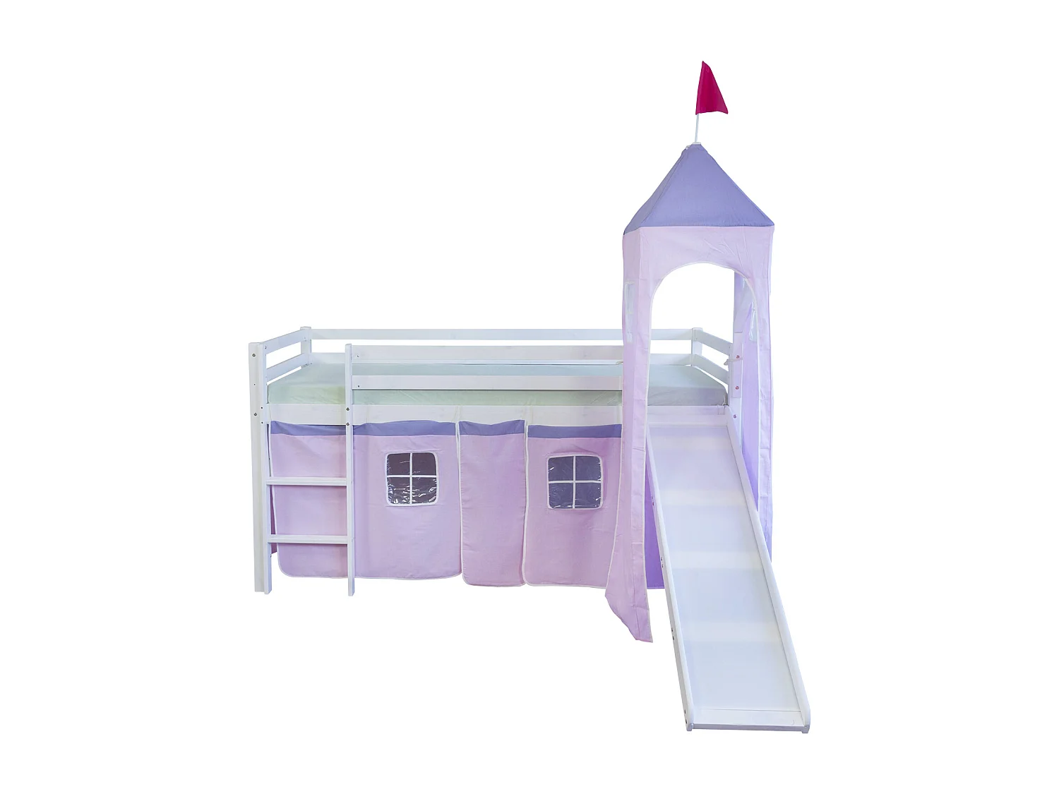 Łóżko piętrowe 90x200 cm różowe, lite drewno sosnowe, zasłona