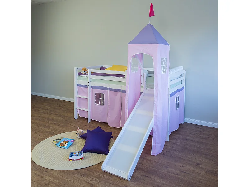 Lit mezzanine 90x200 cm Rose en Pin Massif avec Rideau