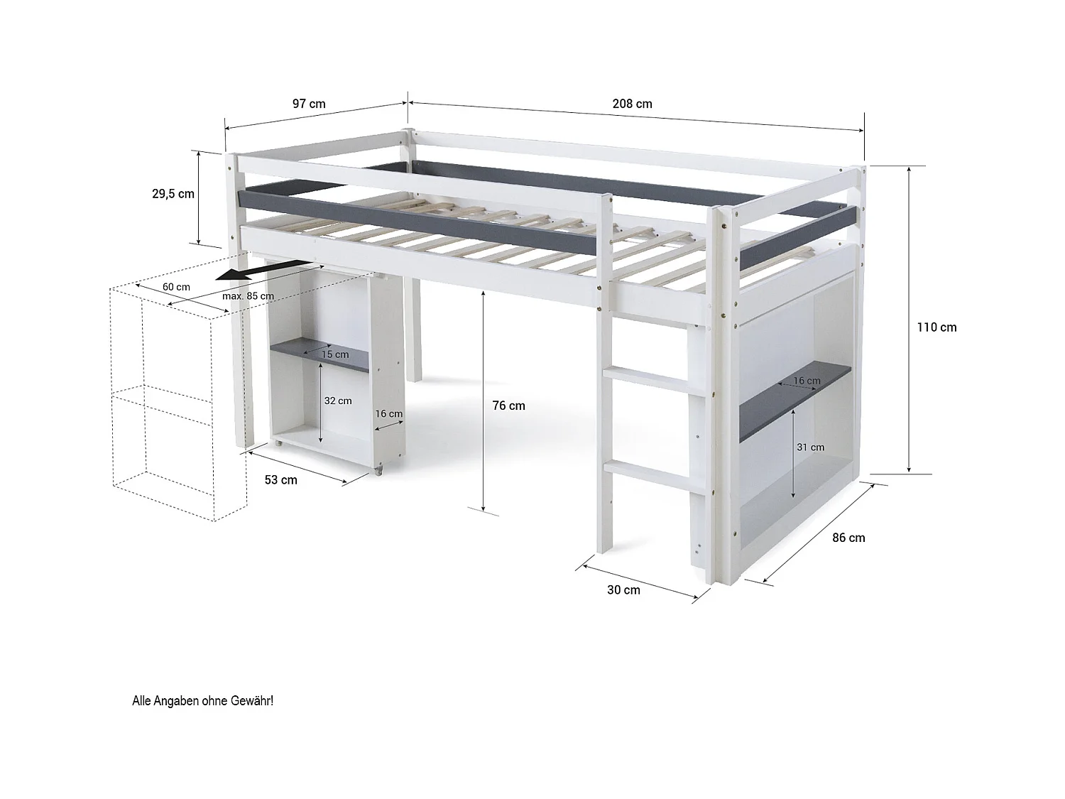 Kinderbett 90x200 cm weiß