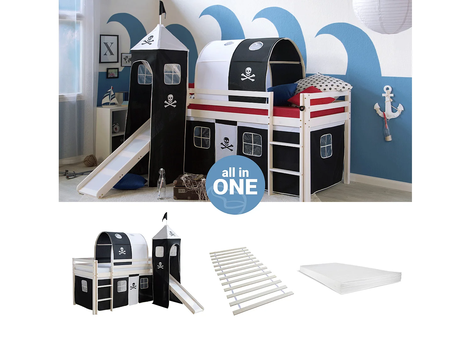 Hochbett 207,5x228x96,5 cm weiß schwarz Pirat