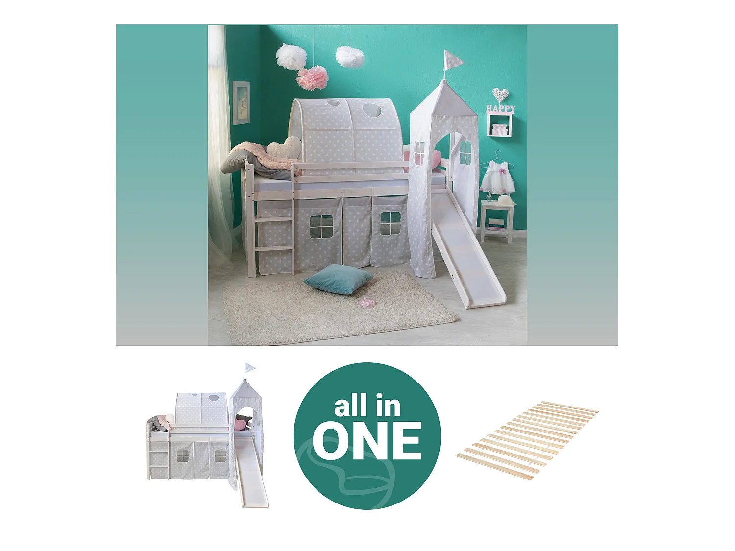 Lit mezzanine 207,5x228x219,5 cm Blanc Gris Lattes Tour