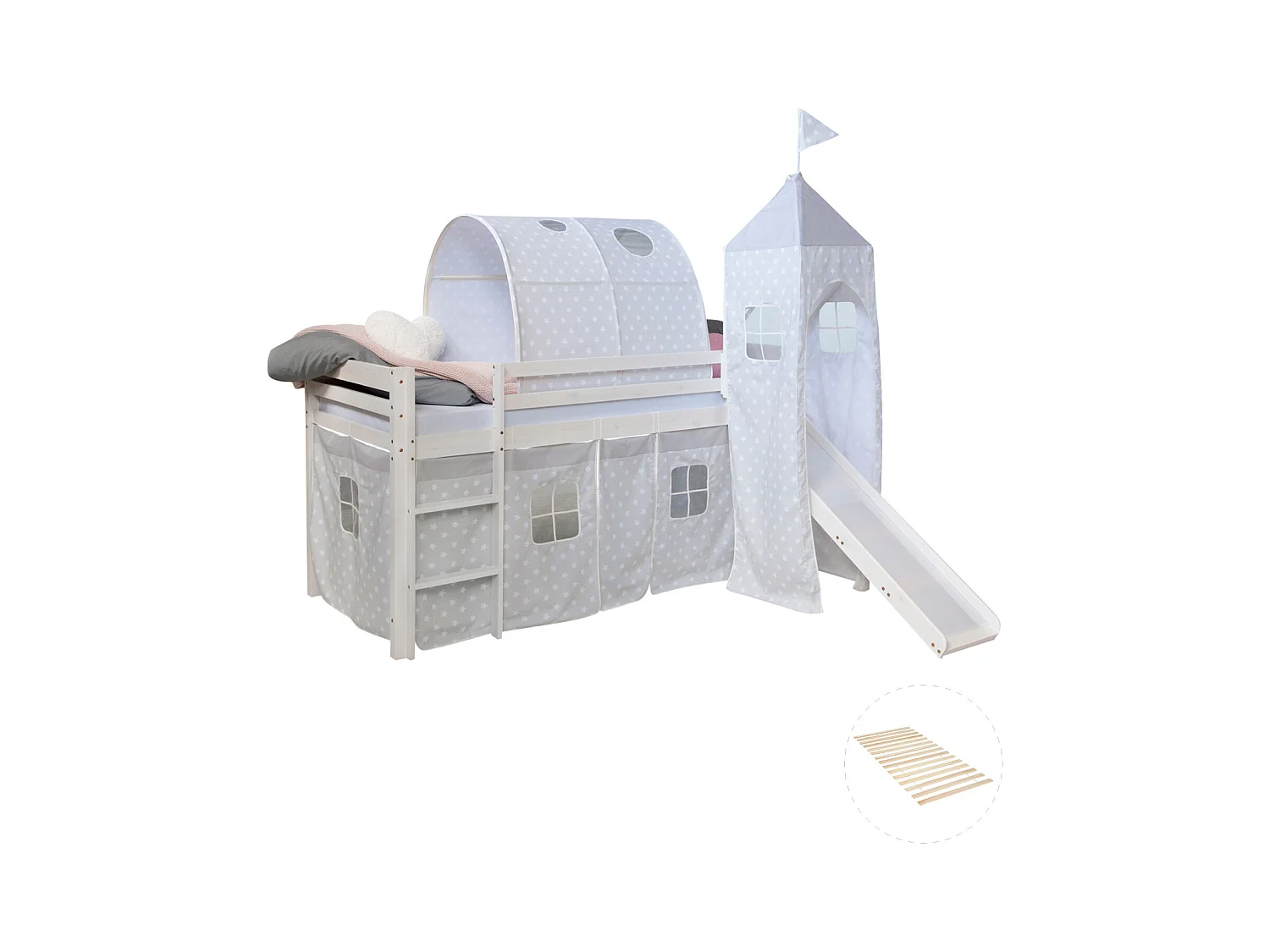 Lit mezzanine 207,5x228x219,5 cm Blanc Gris Lattes Tour